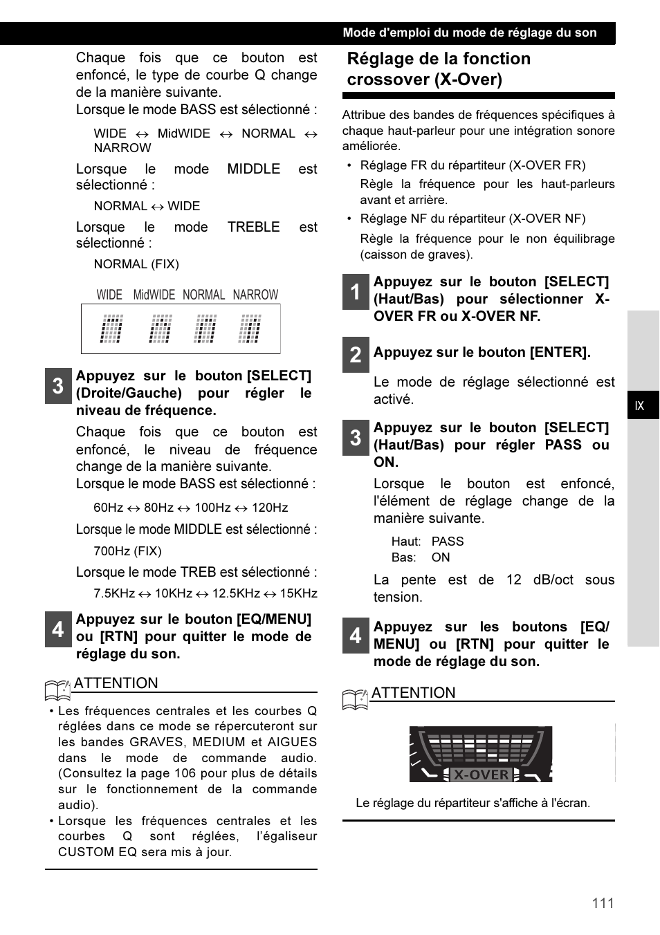 Réglage de la fonction crossover (x-over) | Eclipse - Fujitsu Ten CD3100 User Manual | Page 111 / 215