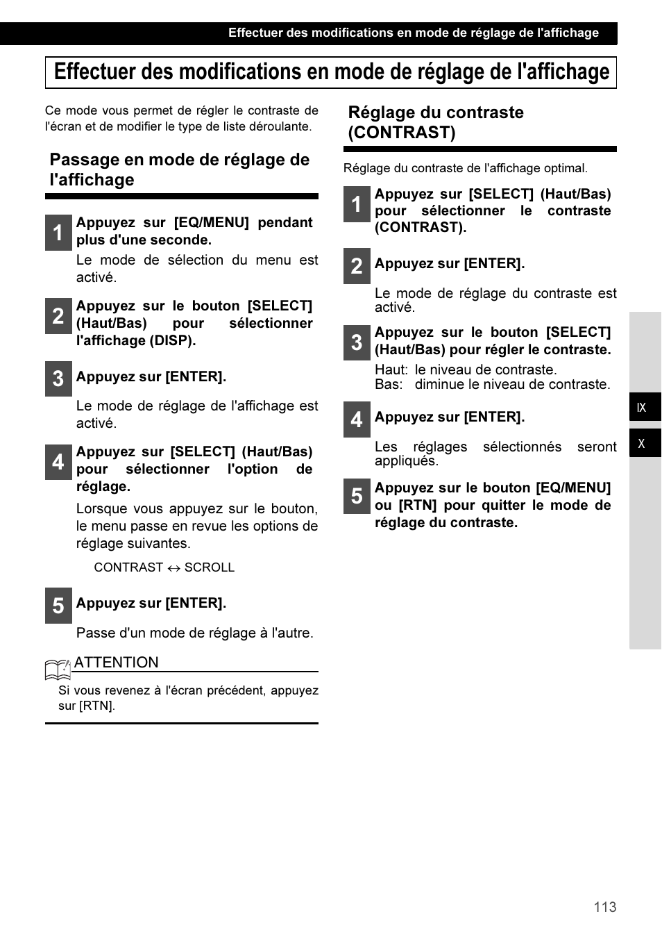 Passage en mode de réglage de l'affichage, Réglage du contraste (contrast) | Eclipse - Fujitsu Ten CD3100 User Manual | Page 113 / 215