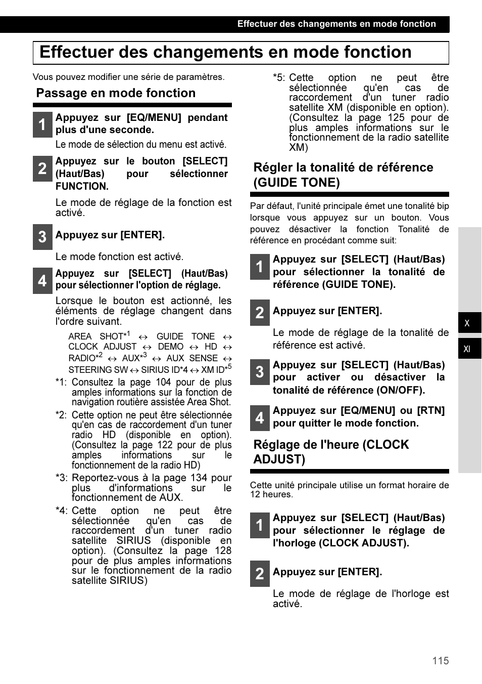 Effectuer des changements en mode fonction, Passage en mode fonction, Régler la tonalité de référence (guide tone) | Réglage de l'heure (clock adjust) | Eclipse - Fujitsu Ten CD3100 User Manual | Page 115 / 215