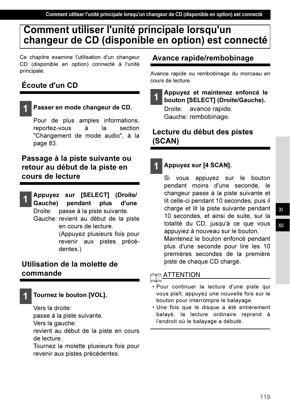 Écoute d'un cd, Utilisation de la molette de commande, Avance rapide/rembobinage | Lecture du début des pistes (scan) | Eclipse - Fujitsu Ten CD3100 User Manual | Page 119 / 215