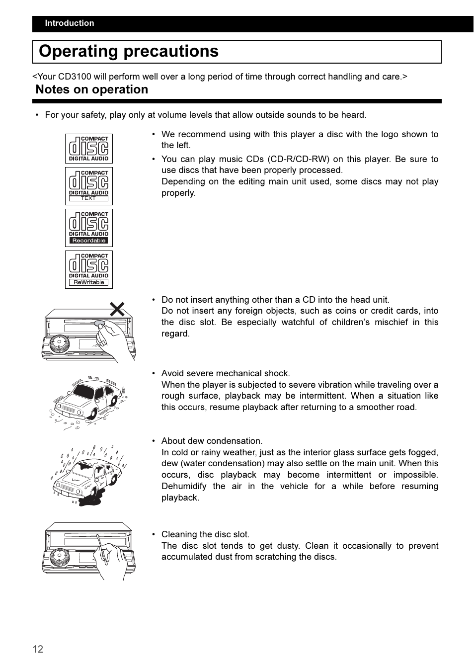 Operating precautions, Notes on operation | Eclipse - Fujitsu Ten CD3100 User Manual | Page 12 / 215