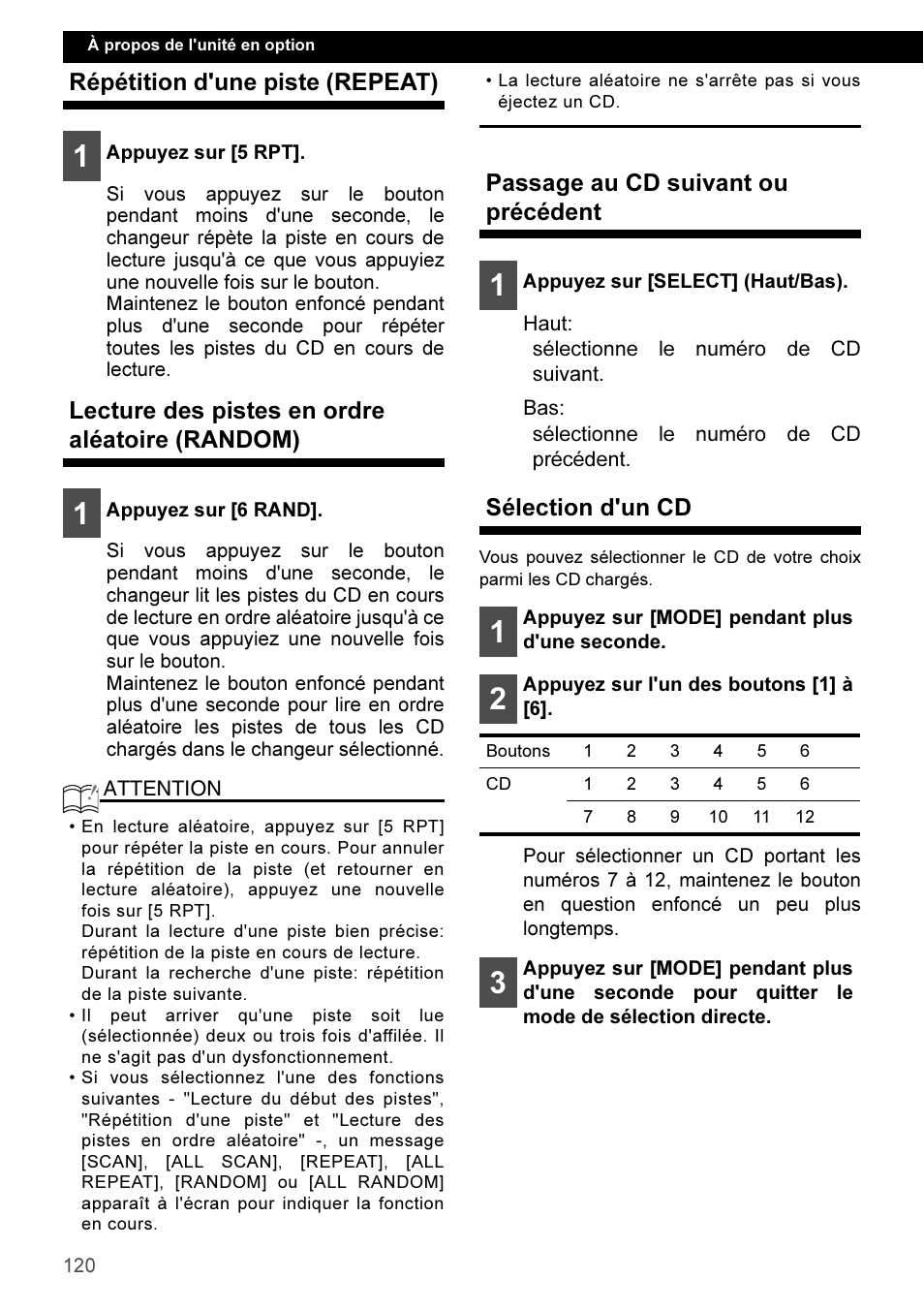 Répétition d'une piste (repeat), Lecture des pistes en ordre aléatoire (random), Passage au cd suivant ou précédent | Sélection d'un cd | Eclipse - Fujitsu Ten CD3100 User Manual | Page 120 / 215