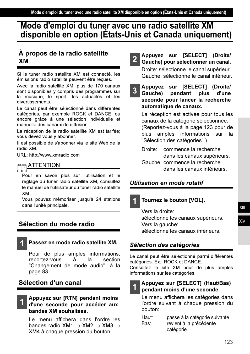 À propos de la radio satellite xm, Sélection du mode radio, Sélection d'un canal | Utilisation en mode rotatif, Sélection des catégories | Eclipse - Fujitsu Ten CD3100 User Manual | Page 123 / 215