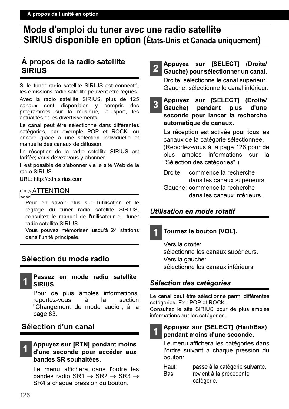 À propos de la radio satellite sirius, Sélection du mode radio, Sélection d'un canal | Utilisation en mode rotatif, Sélection des catégories, États-unis et canada uniquement | Eclipse - Fujitsu Ten CD3100 User Manual | Page 126 / 215