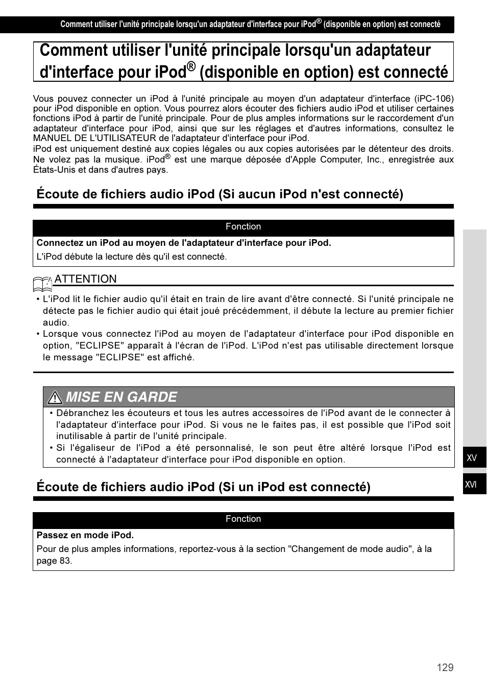 Disponible en option) est connecté, Mise en garde | Eclipse - Fujitsu Ten CD3100 User Manual | Page 129 / 215