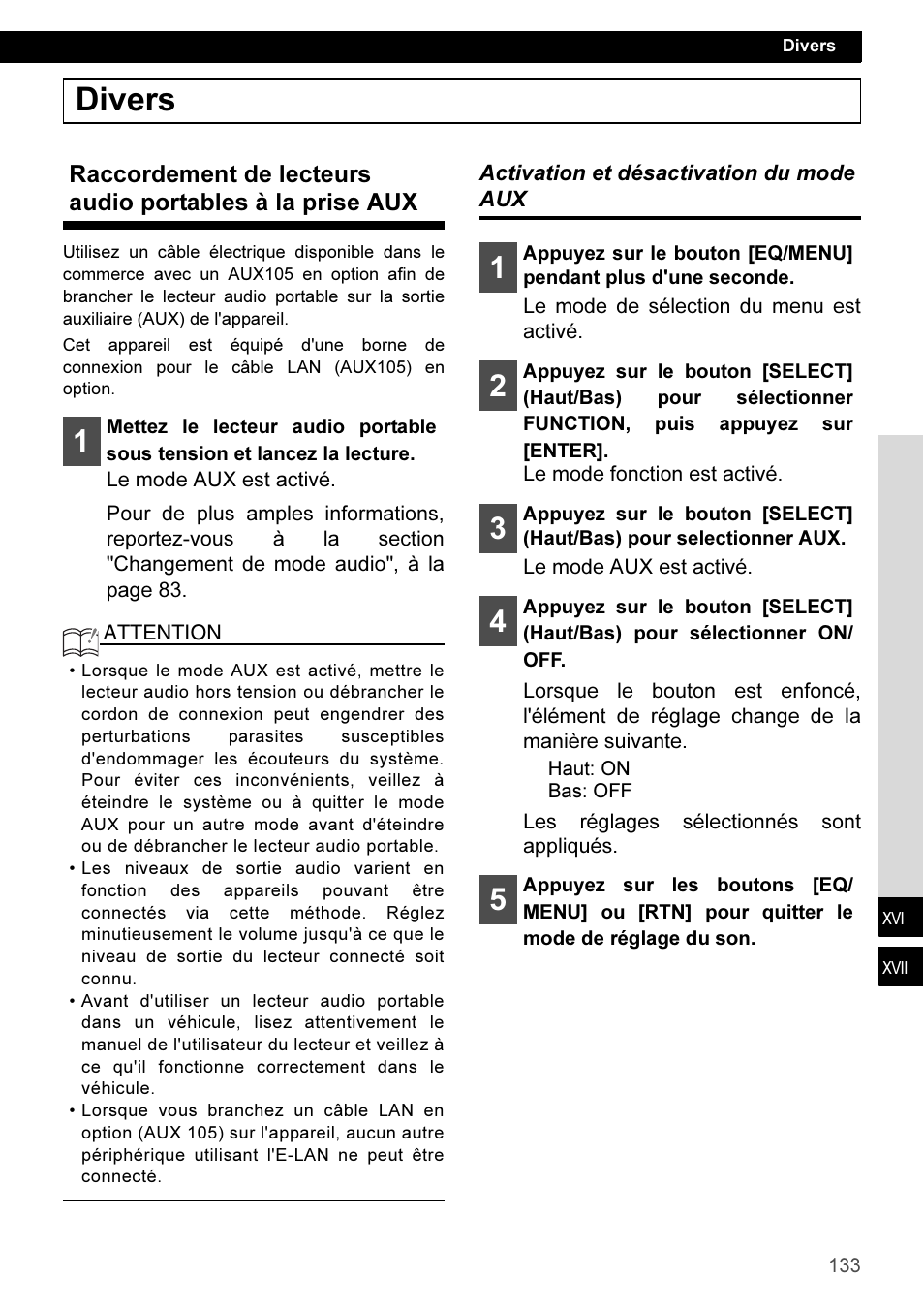 Divers, Activation et désactivation du mode aux | Eclipse - Fujitsu Ten CD3100 User Manual | Page 133 / 215