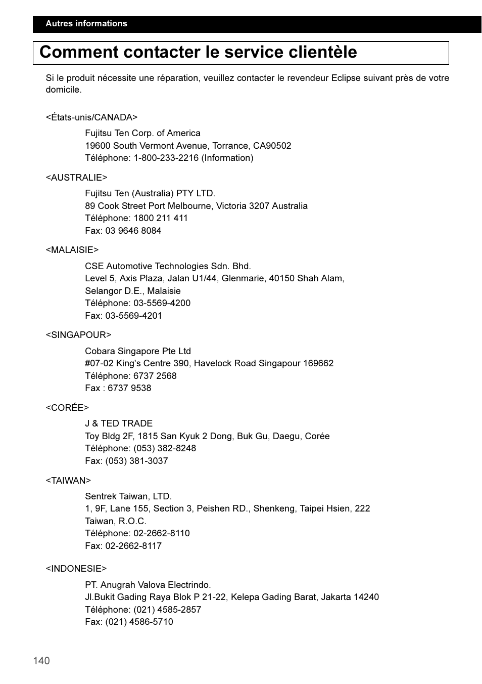 Comment contacter le service clientèle | Eclipse - Fujitsu Ten CD3100 User Manual | Page 140 / 215