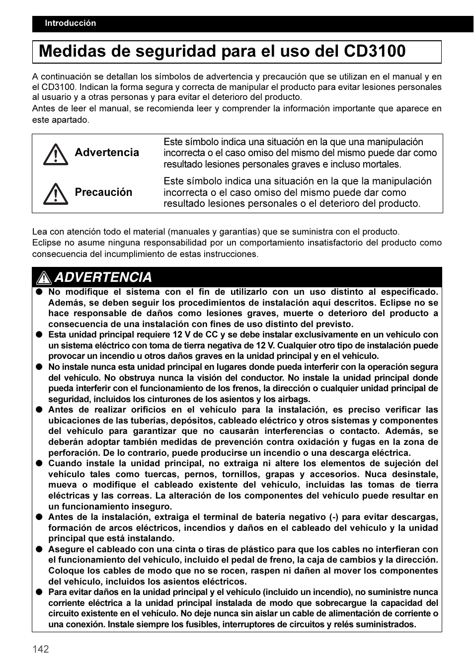 Español, Medidas de seguridad para el uso del cd3100, Advertencia | Eclipse - Fujitsu Ten CD3100 User Manual | Page 142 / 215