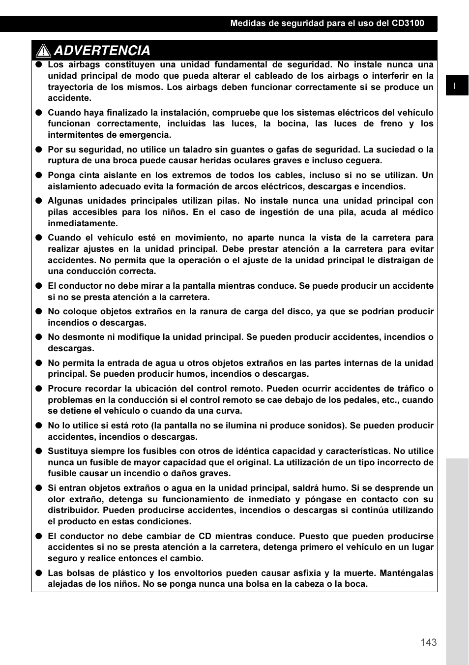 Advertencia | Eclipse - Fujitsu Ten CD3100 User Manual | Page 143 / 215