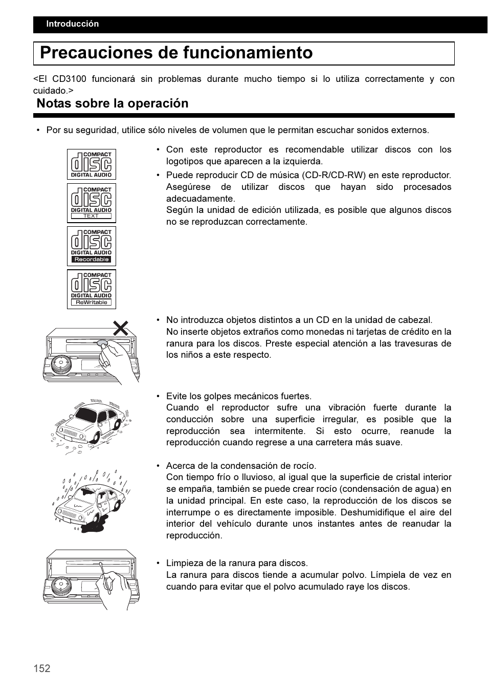 Precauciones de funcionamiento, Notas sobre la operación | Eclipse - Fujitsu Ten CD3100 User Manual | Page 152 / 215