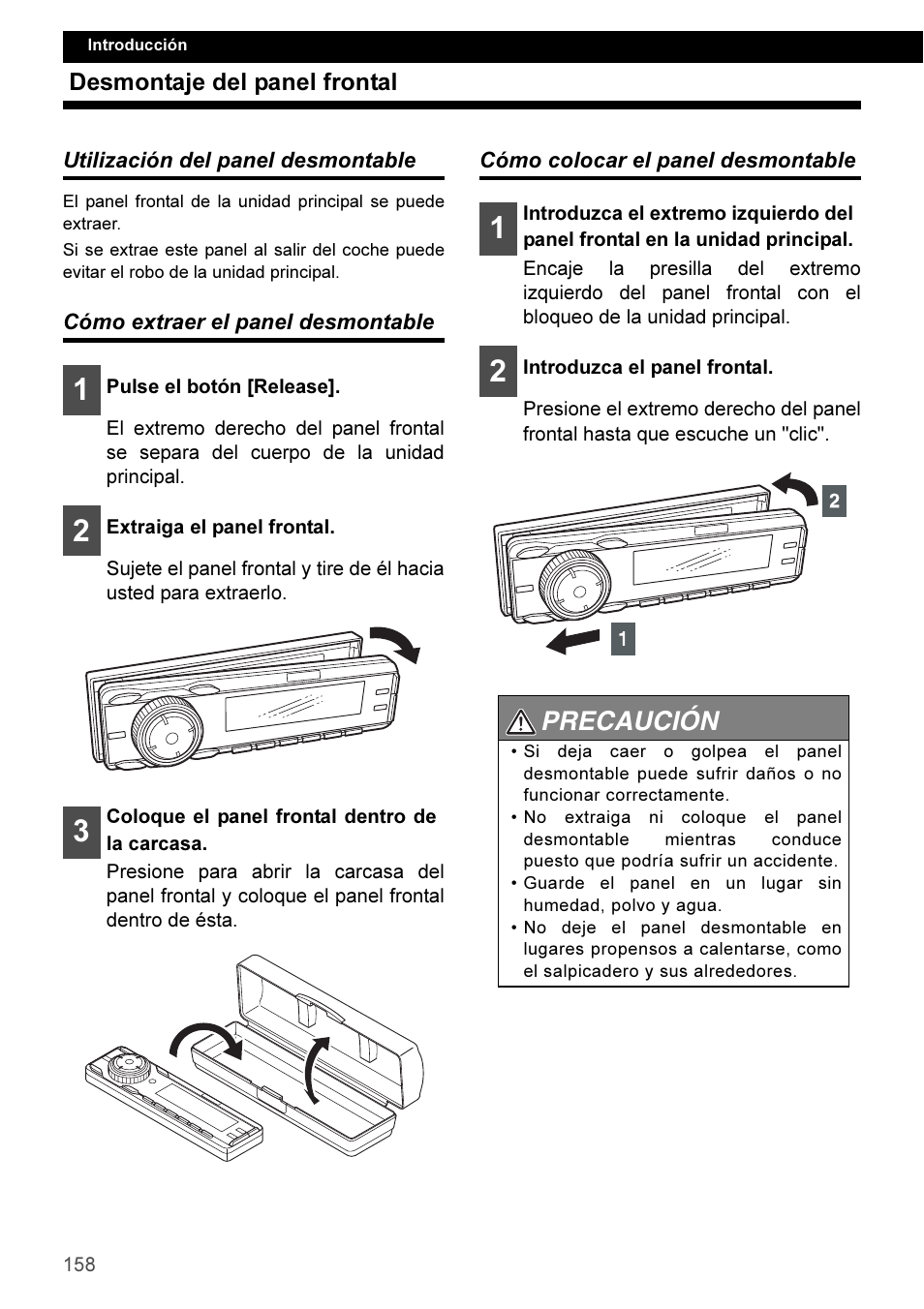 Desmontaje del panel frontal, Utilización del panel desmontable, Cómo extraer el panel desmontable | Cómo colocar el panel desmontable, Precaución | Eclipse - Fujitsu Ten CD3100 User Manual | Page 158 / 215