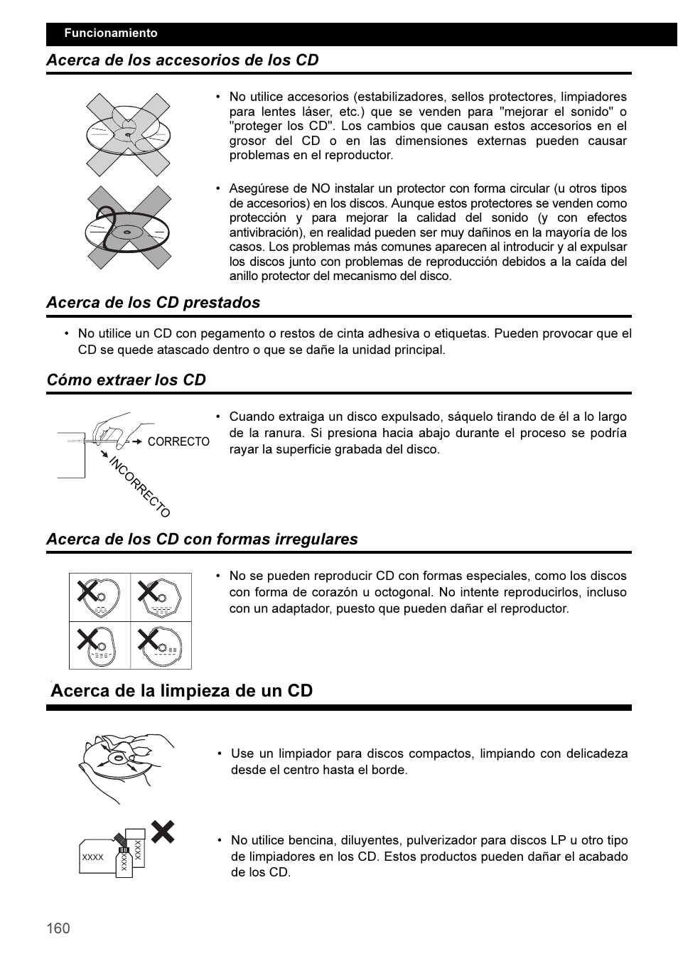 Acerca de los accesorios de los cd, Acerca de los cd prestados, Cómo extraer los cd | Acerca de los cd con formas irregulares, Acerca de la limpieza de un cd | Eclipse - Fujitsu Ten CD3100 User Manual | Page 160 / 215