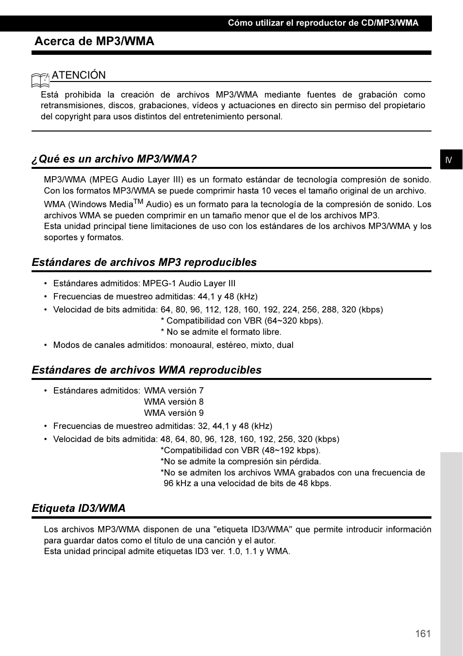 Acerca de mp3/wma, Qué es un archivo mp3/wma, Estándares de archivos mp3 reproducibles | Estándares de archivos wma reproducibles, Etiqueta id3/wma | Eclipse - Fujitsu Ten CD3100 User Manual | Page 161 / 215