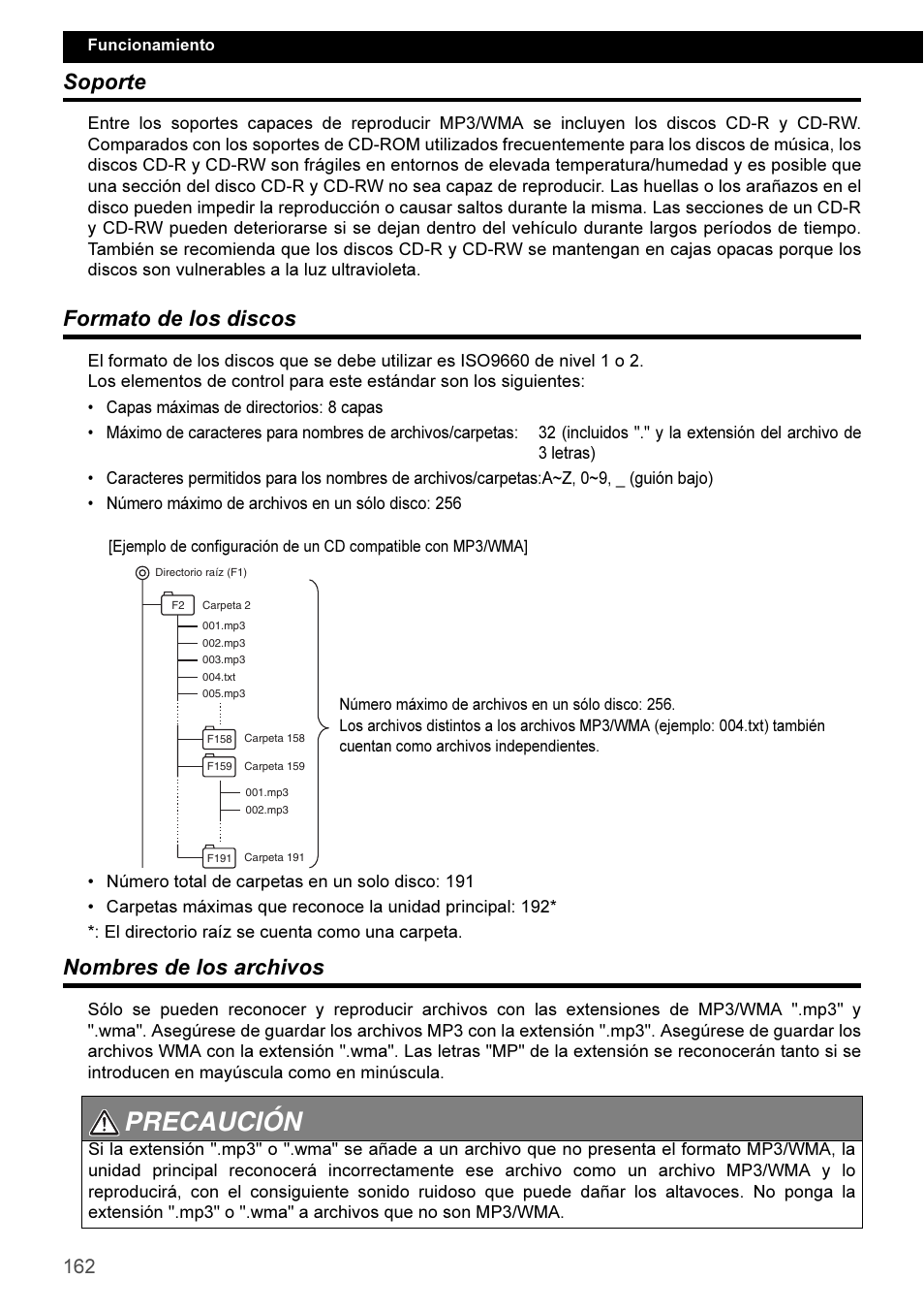 Soporte, Formato de los discos, Nombres de los archivos | Precaución | Eclipse - Fujitsu Ten CD3100 User Manual | Page 162 / 215