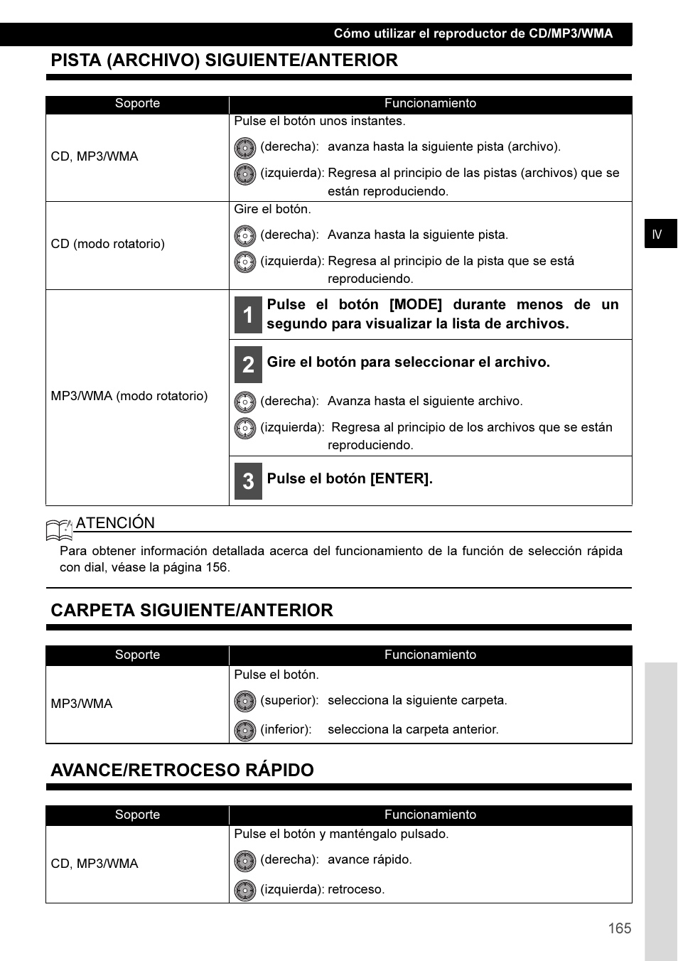 Pista (archivo) siguiente/anterior, Carpeta siguiente/anterior, Avance/retroceso rápido | Carpeta siguiente/anterior avance/retroceso rápido | Eclipse - Fujitsu Ten CD3100 User Manual | Page 165 / 215