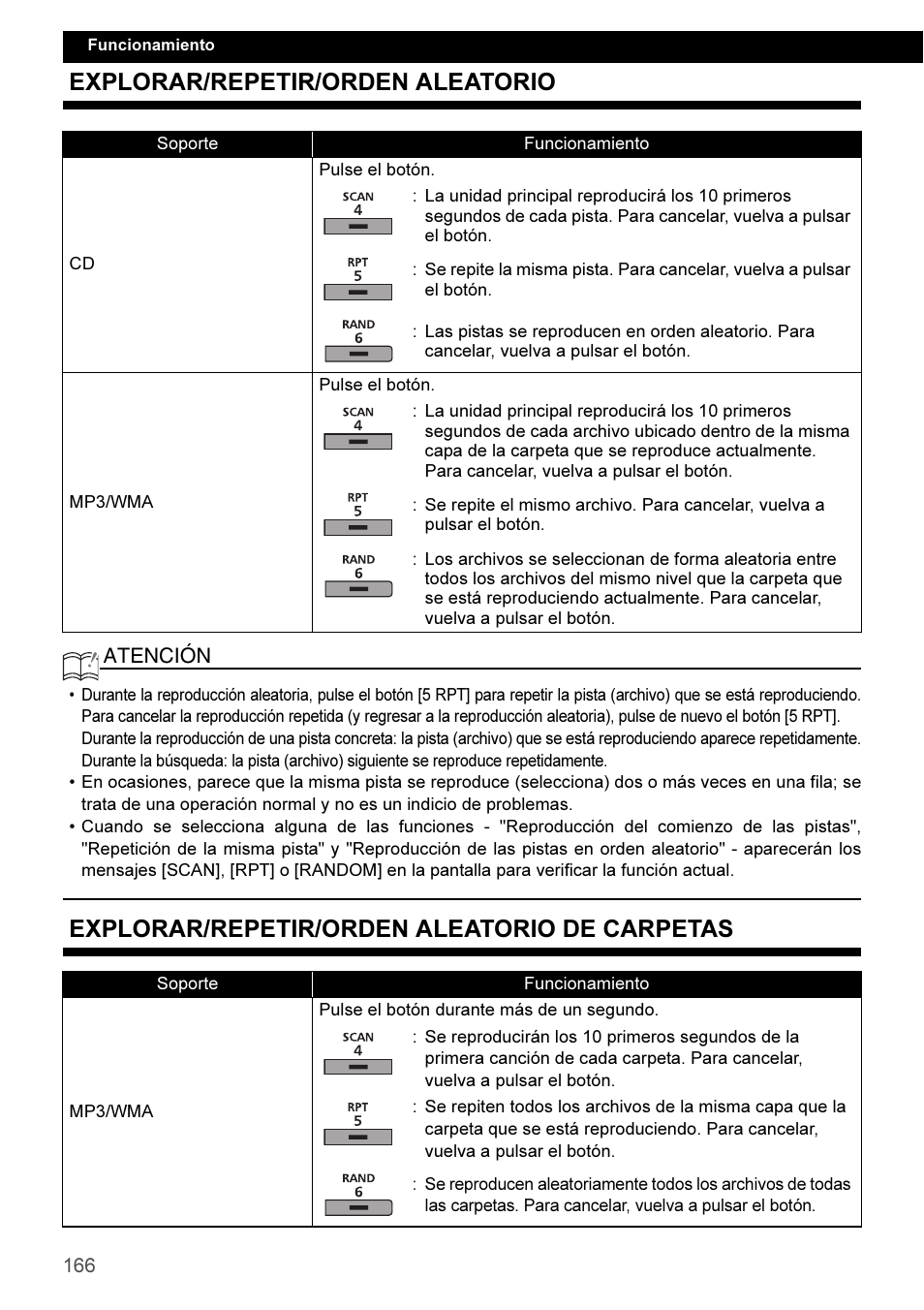 Explorar/repetir/orden aleatorio, Explorar/repetir/orden aleatorio de carpetas | Eclipse - Fujitsu Ten CD3100 User Manual | Page 166 / 215