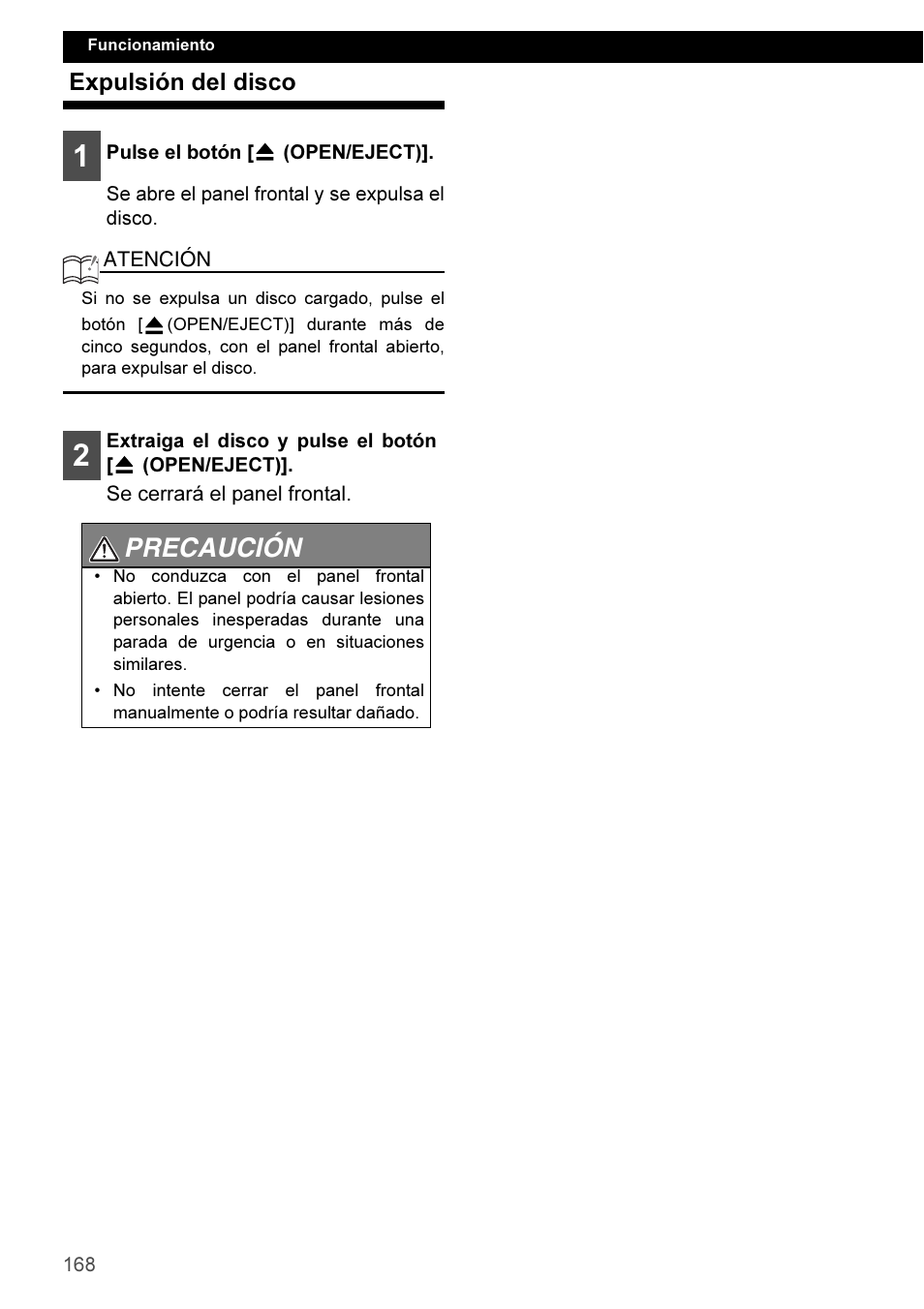 Expulsión del disco, Precaución | Eclipse - Fujitsu Ten CD3100 User Manual | Page 168 / 215