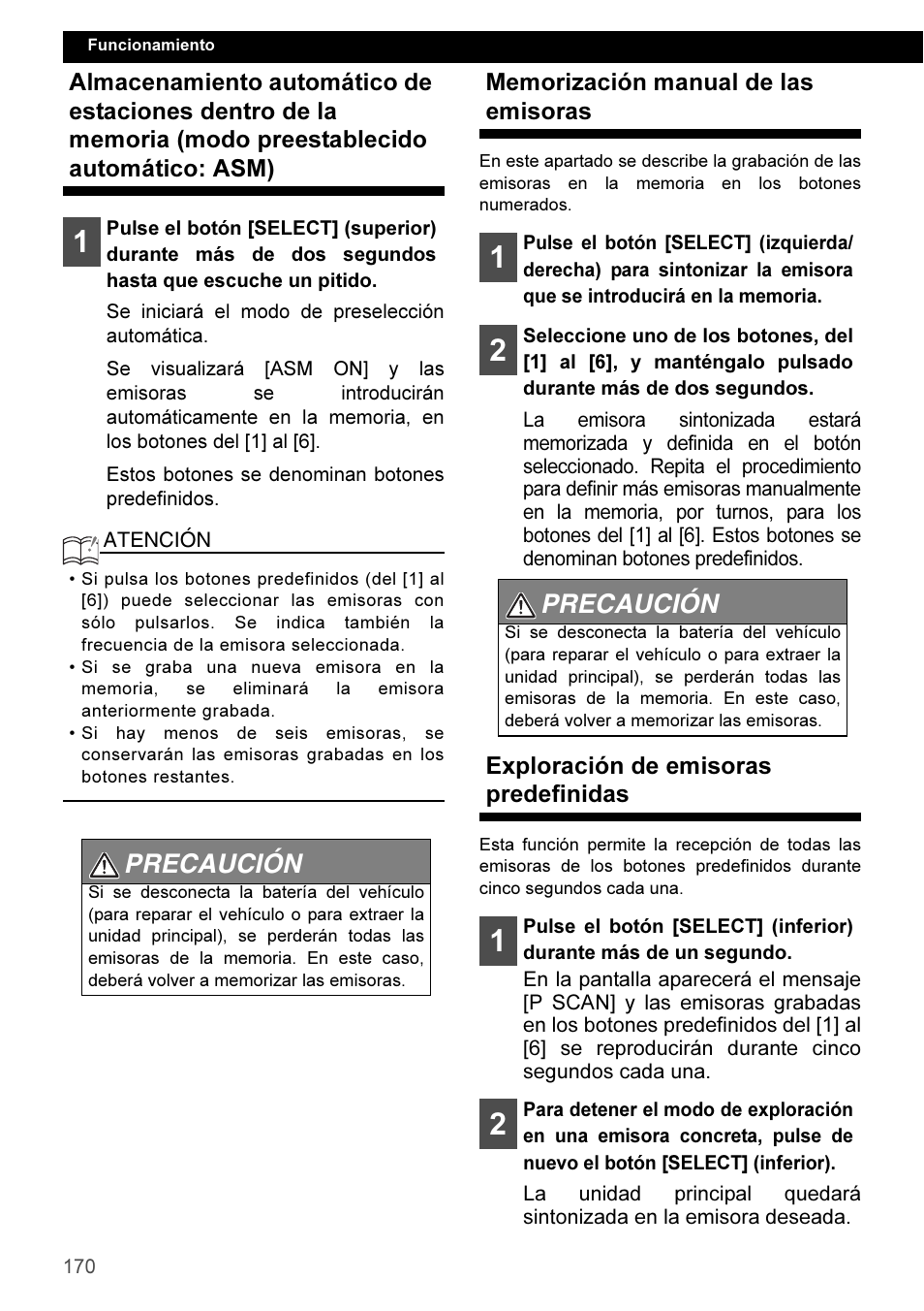 Memorización manual de las emisoras, Exploración de emisoras predefinidas, Precaución | Eclipse - Fujitsu Ten CD3100 User Manual | Page 170 / 215