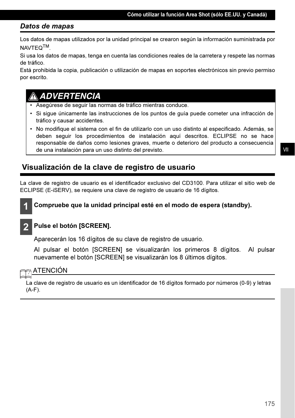 Datos de mapas, Visualización de la clave de registro de usuario, Advertencia | Eclipse - Fujitsu Ten CD3100 User Manual | Page 175 / 215