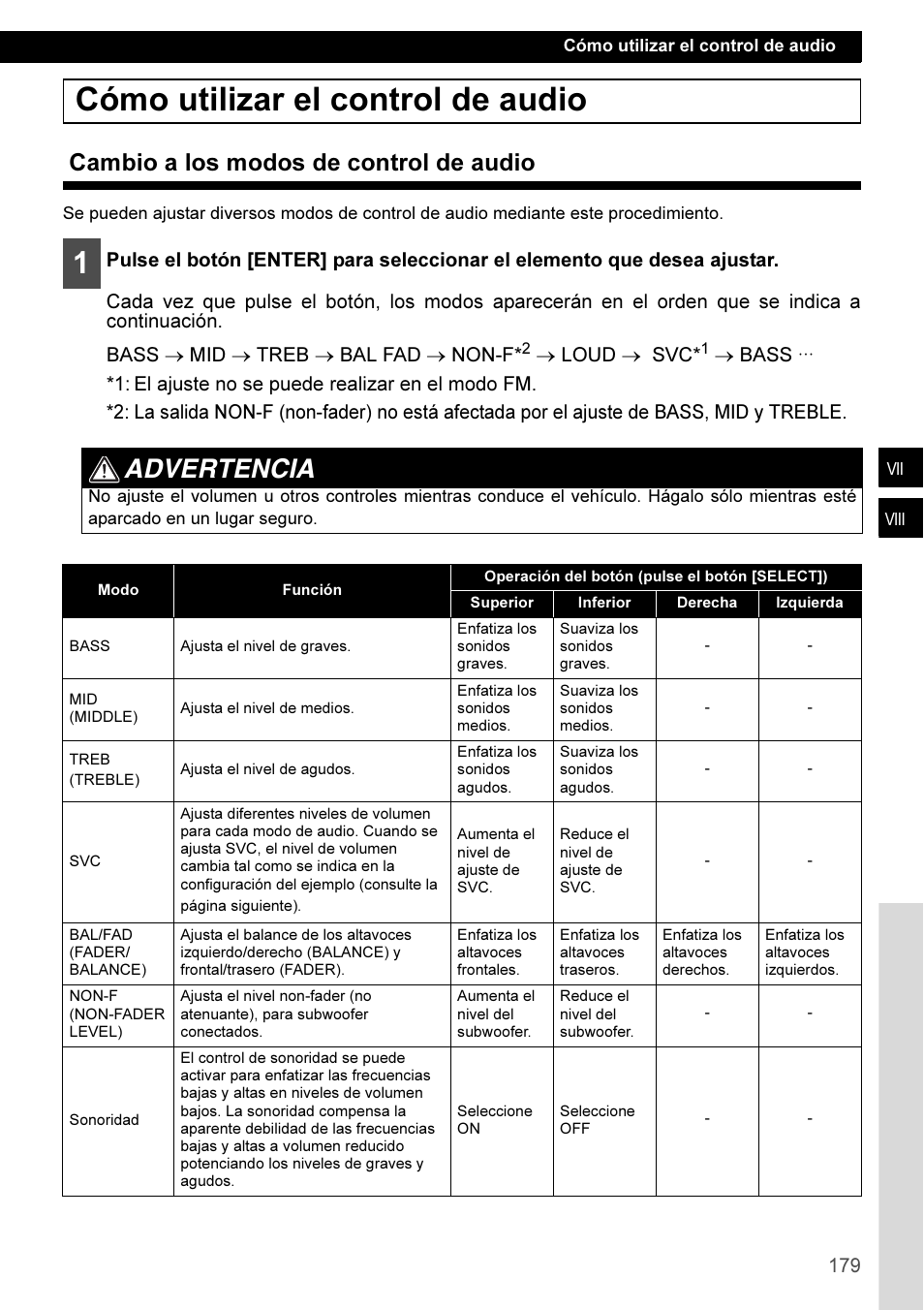 Cómo utilizar el control de audio, Cambio a los modos de control de audio, Advertencia | Eclipse - Fujitsu Ten CD3100 User Manual | Page 179 / 215