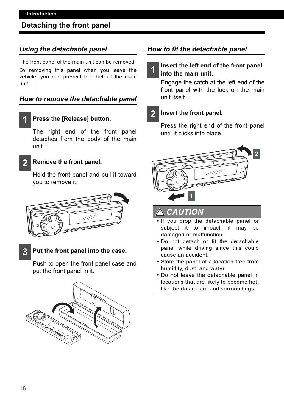 Detaching the front panel, Using the detachable panel, How to remove the detachable panel | How to fit the detachable panel, Caution | Eclipse - Fujitsu Ten CD3100 User Manual | Page 18 / 215