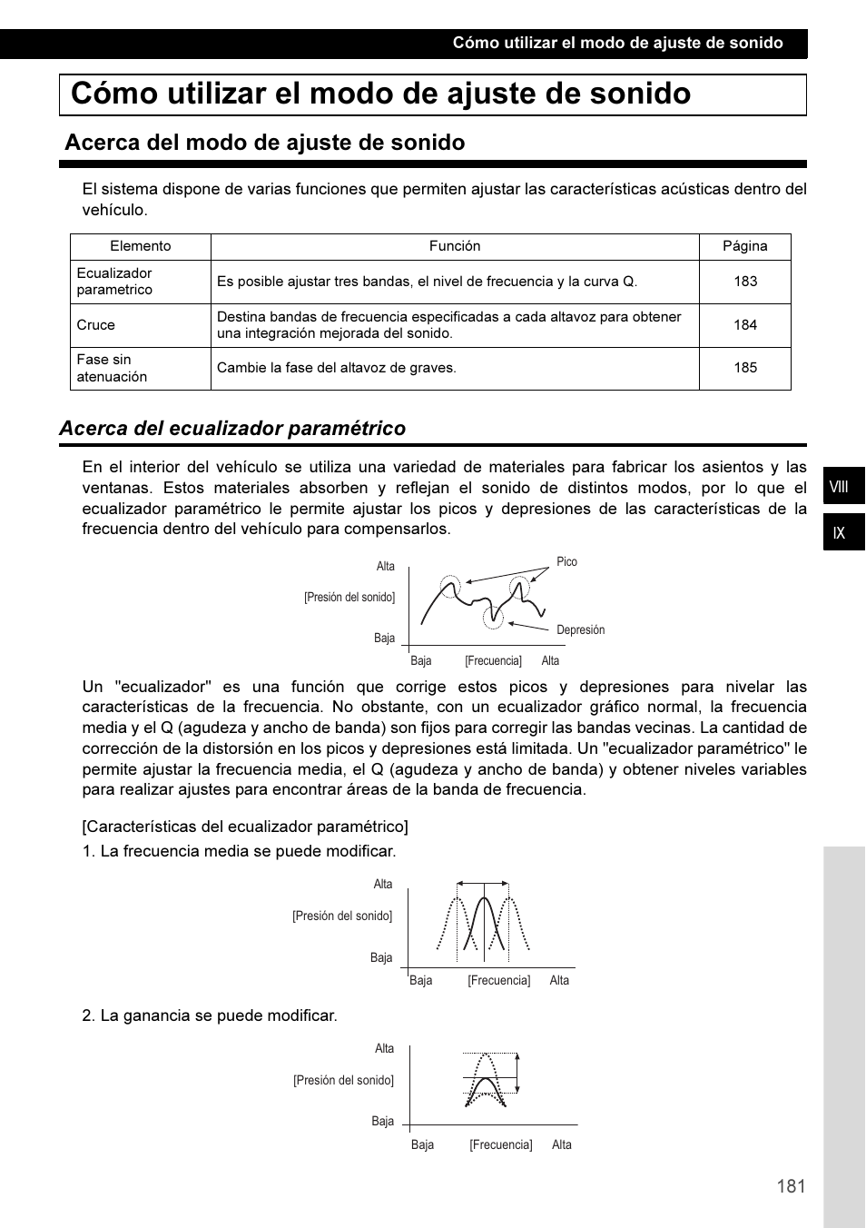 Cómo utilizar el modo de ajuste de sonido, Acerca del modo de ajuste de sonido, Acerca del ecualizador paramétrico | Eclipse - Fujitsu Ten CD3100 User Manual | Page 181 / 215