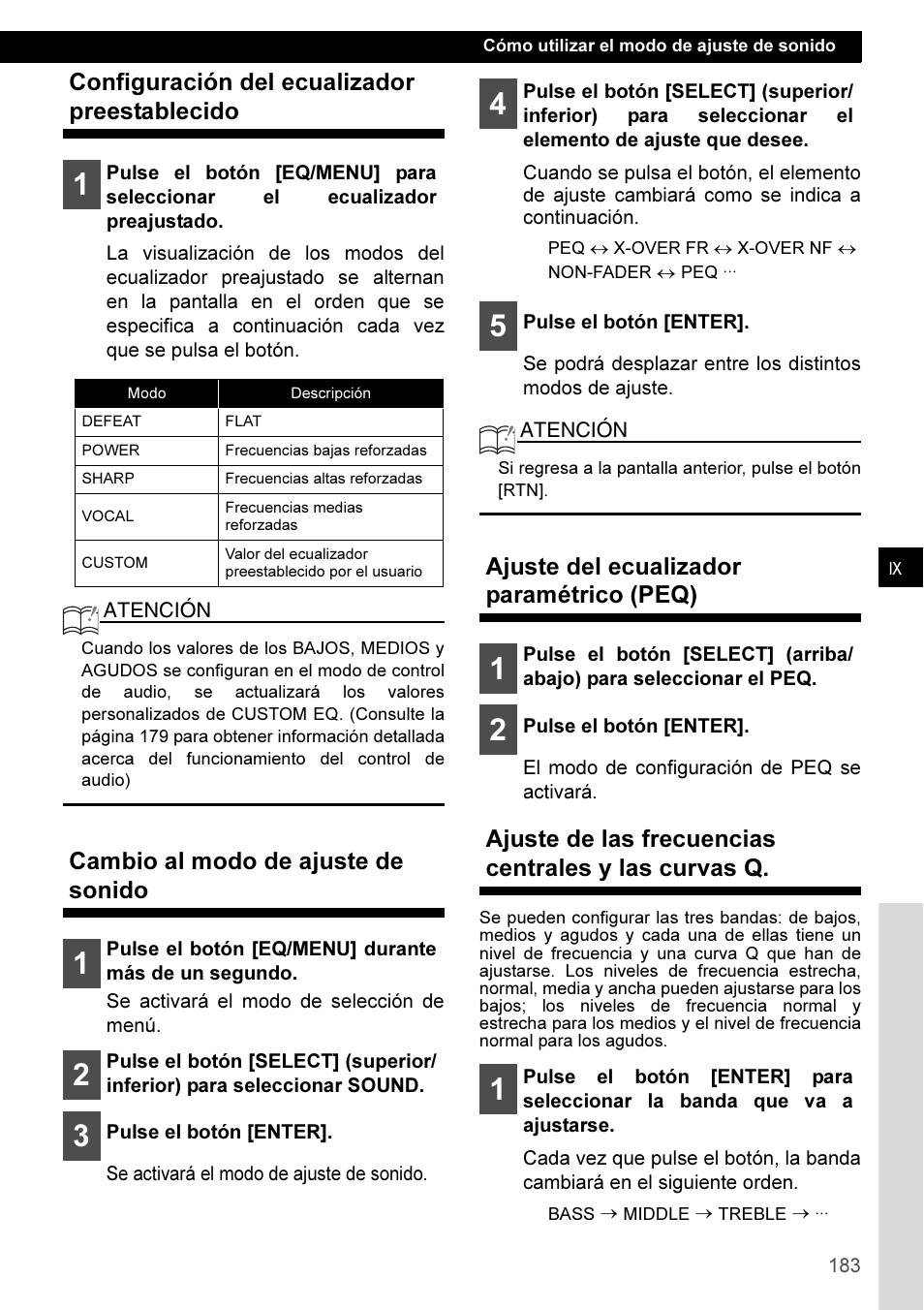 Configuración del ecualizador preestablecido, Cambio al modo de ajuste de sonido, Ajuste del ecualizador paramétrico (peq) | Ajuste de las frecuencias centrales y las curvas q | Eclipse - Fujitsu Ten CD3100 User Manual | Page 183 / 215