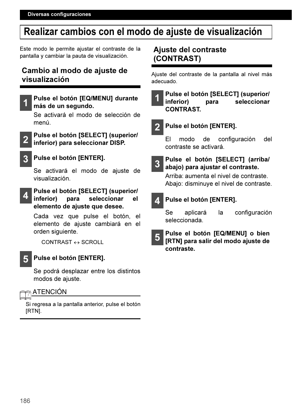 Cambio al modo de ajuste de visualización, Ajuste del contraste (contrast) | Eclipse - Fujitsu Ten CD3100 User Manual | Page 186 / 215