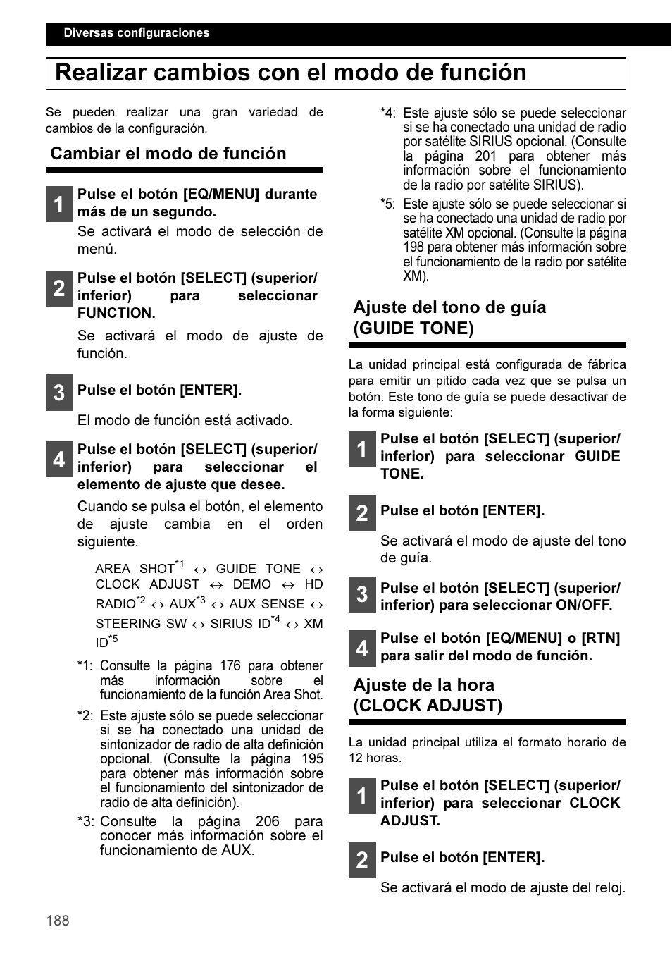 Realizar cambios con el modo de función, Cambiar el modo de función, Ajuste del tono de guía (guide tone) | Ajuste de la hora (clock adjust) | Eclipse - Fujitsu Ten CD3100 User Manual | Page 188 / 215