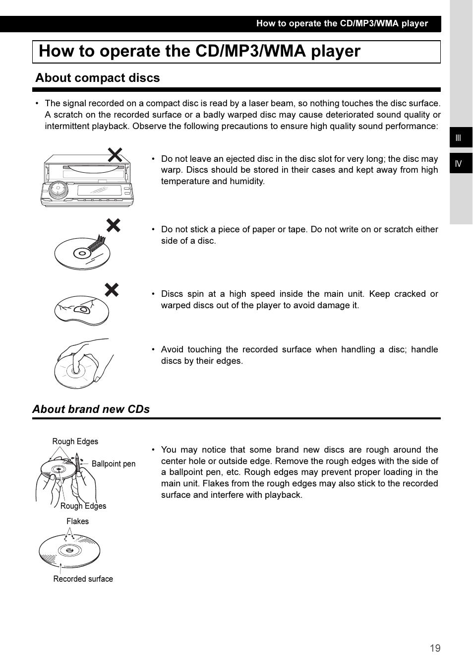 How to operate the cd/mp3/wma player, About compact discs, About brand new cds | Eclipse - Fujitsu Ten CD3100 User Manual | Page 19 / 215