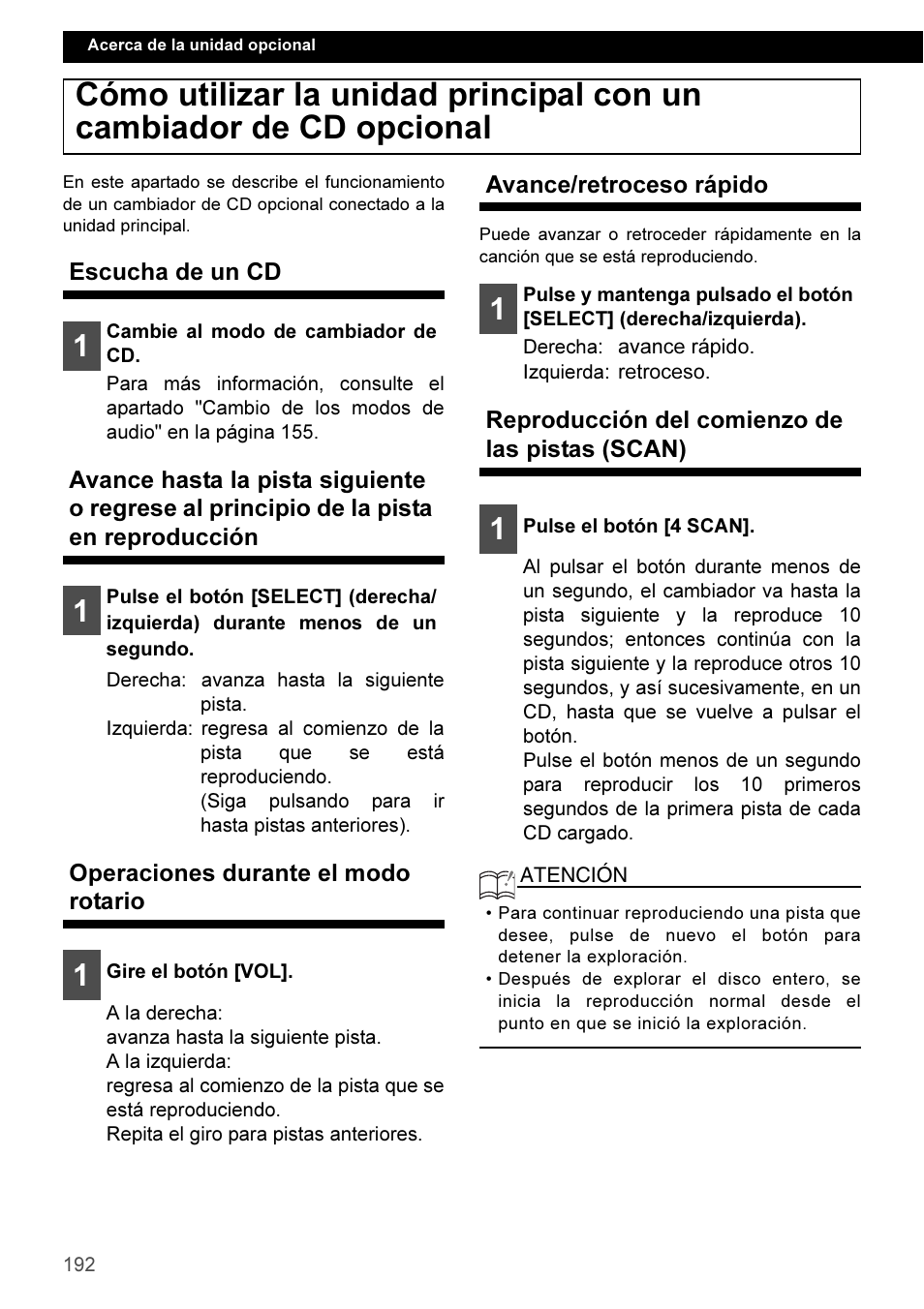 Escucha de un cd, Operaciones durante el modo rotario, Avance/retroceso rápido | Reproducción del comienzo de las pistas (scan) | Eclipse - Fujitsu Ten CD3100 User Manual | Page 192 / 215