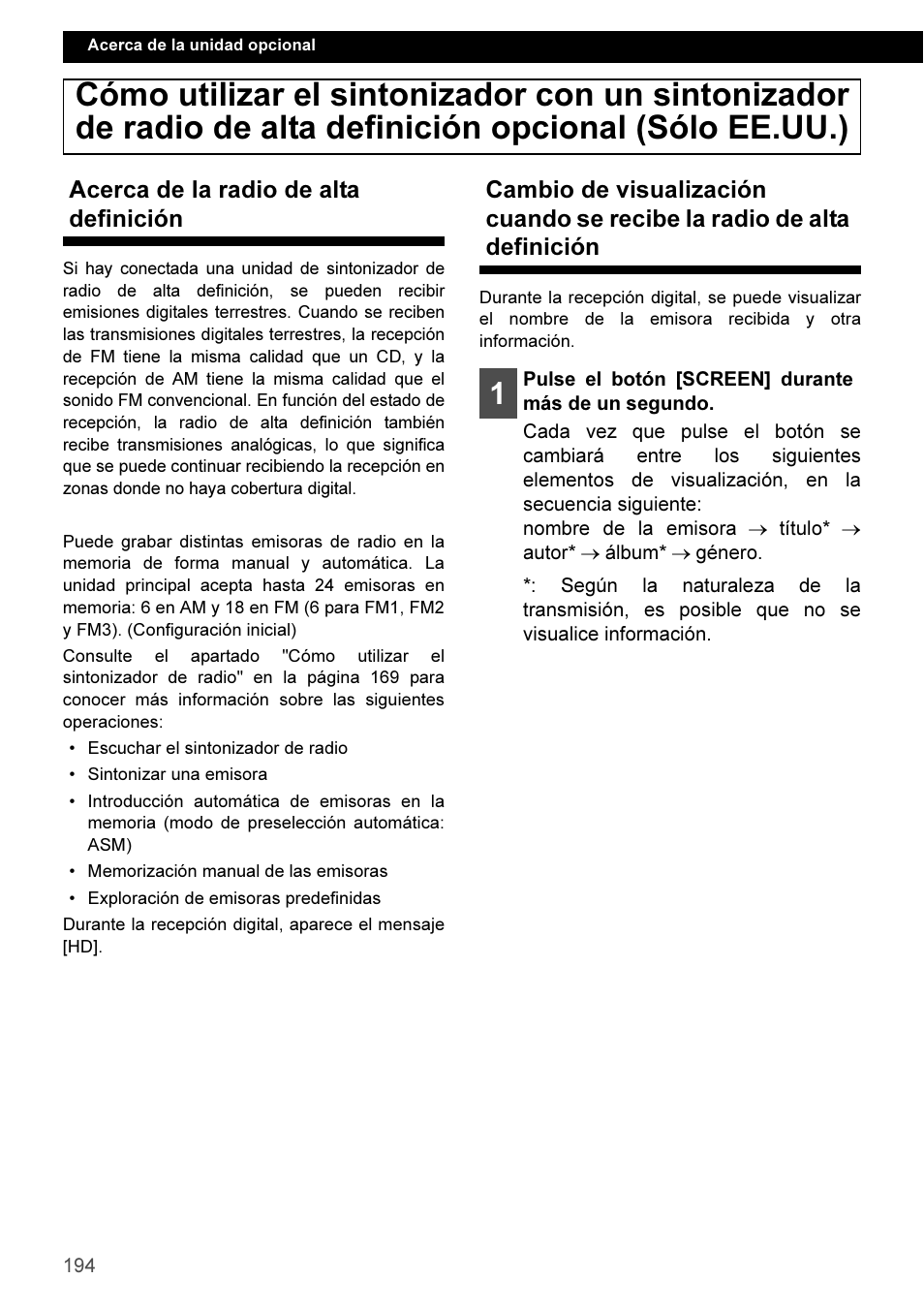 Acerca de la radio de alta definición | Eclipse - Fujitsu Ten CD3100 User Manual | Page 194 / 215