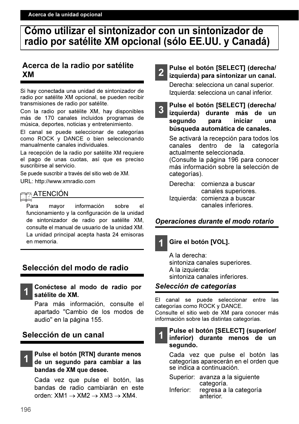 Acerca de la radio por satélite xm, Selección del modo de radio, Selección de un canal | Operaciones durante el modo rotario, Selección de categorías | Eclipse - Fujitsu Ten CD3100 User Manual | Page 196 / 215