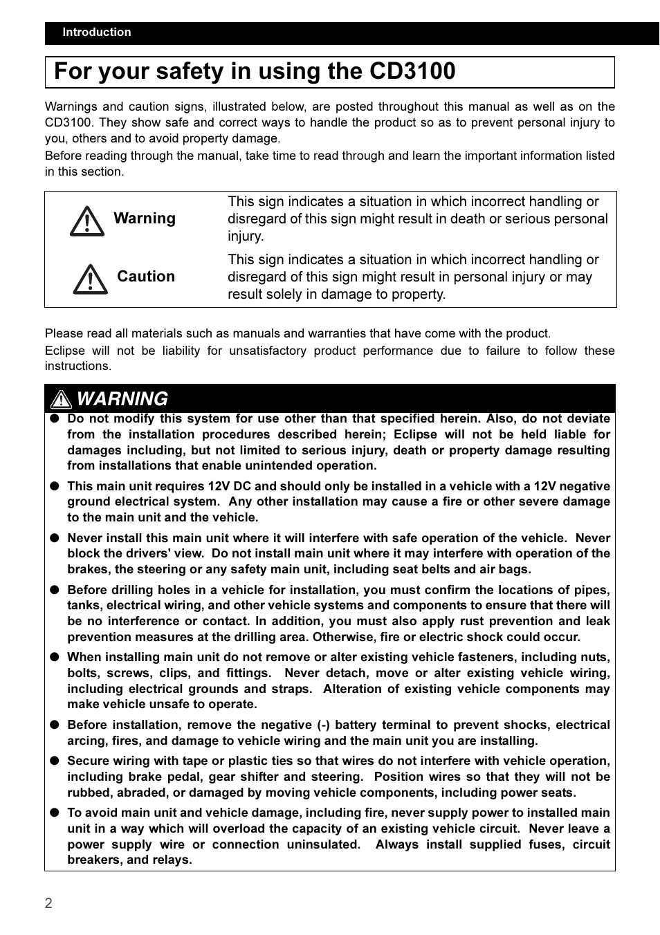 English, For your safety in using the cd3100, Warning | Eclipse - Fujitsu Ten CD3100 User Manual | Page 2 / 215