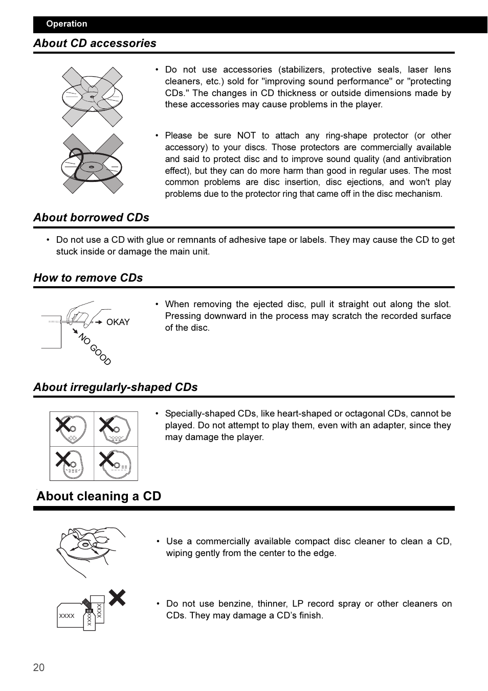 About cd accessories, About borrowed cds, How to remove cds | About irregularly-shaped cds, About cleaning a cd, About cd accessories about borrowed cds, How to remove cds about irregularly-shaped cds | Eclipse - Fujitsu Ten CD3100 User Manual | Page 20 / 215