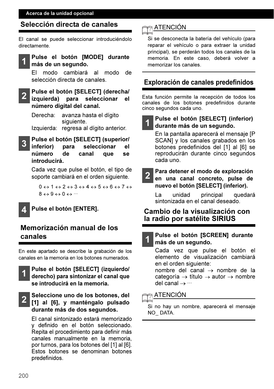 Selección directa de canales, Memorización manual de los canales, Exploración de canales predefinidos | Eclipse - Fujitsu Ten CD3100 User Manual | Page 200 / 215