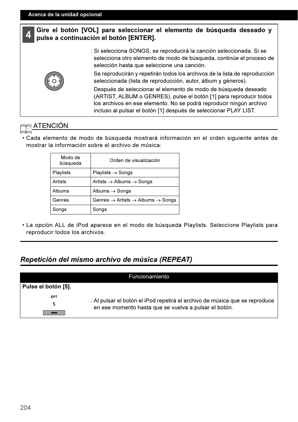 Repetición del mismo archivo de música (repeat), Atención | Eclipse - Fujitsu Ten CD3100 User Manual | Page 204 / 215