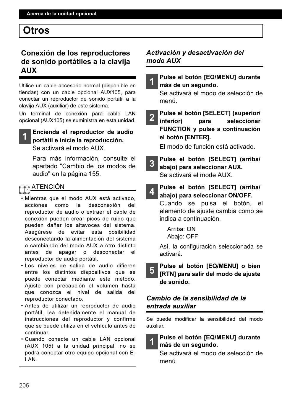 Otros, Activación y desactivación del modo aux, Cambio de la sensibilidad de la entrada auxiliar | Eclipse - Fujitsu Ten CD3100 User Manual | Page 206 / 215