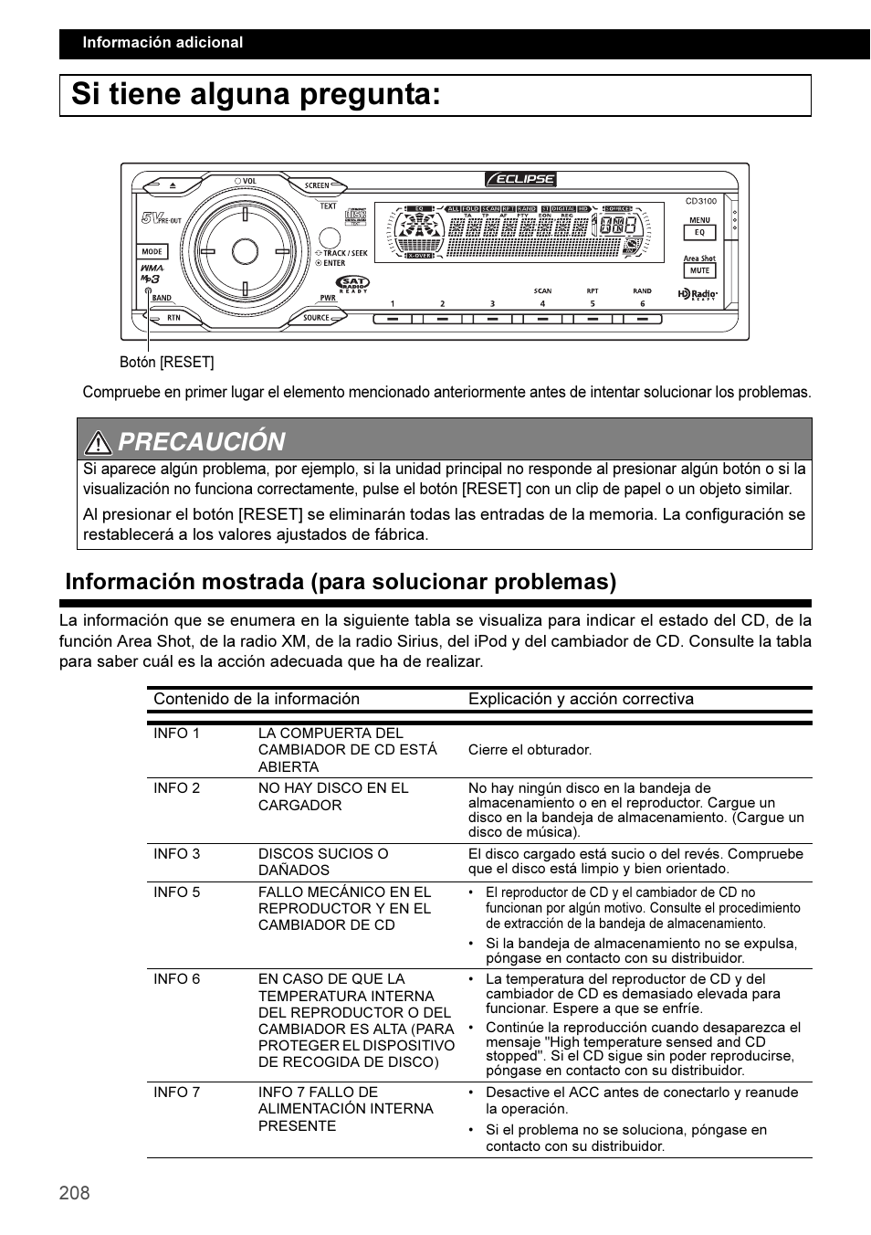 Si tiene alguna pregunta, Información mostrada (para solucionar problemas), Precaución | Eclipse - Fujitsu Ten CD3100 User Manual | Page 208 / 215