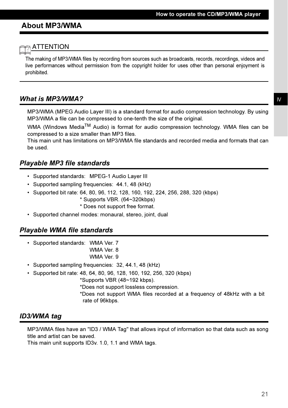 About mp3/wma, What is mp3/wma, Playable mp3 file standards | Playable wma file standards, Id3/wma tag | Eclipse - Fujitsu Ten CD3100 User Manual | Page 21 / 215