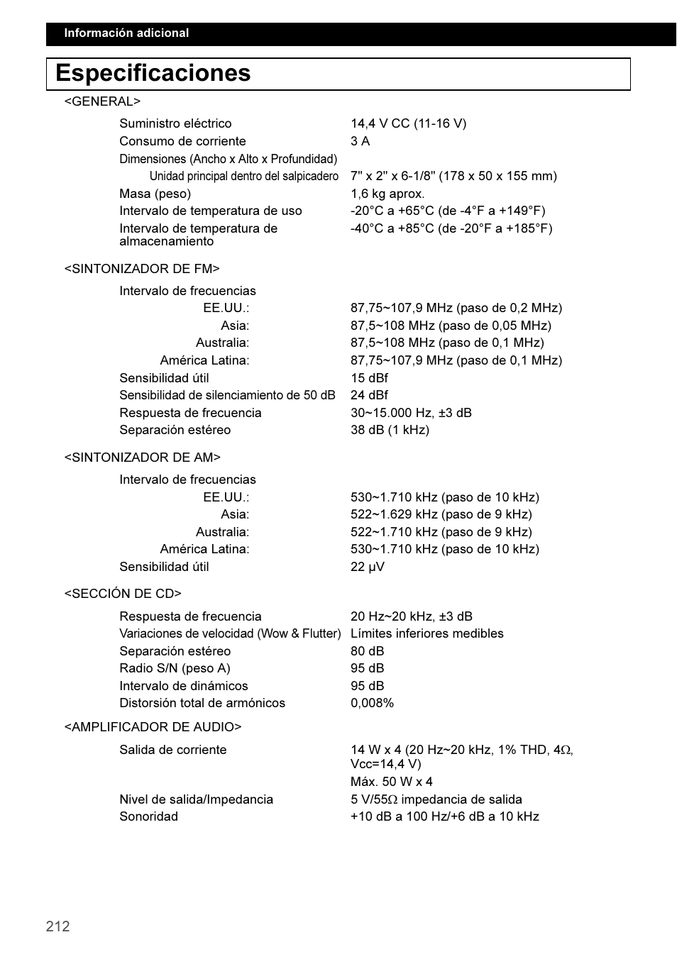 Especificaciones | Eclipse - Fujitsu Ten CD3100 User Manual | Page 212 / 215