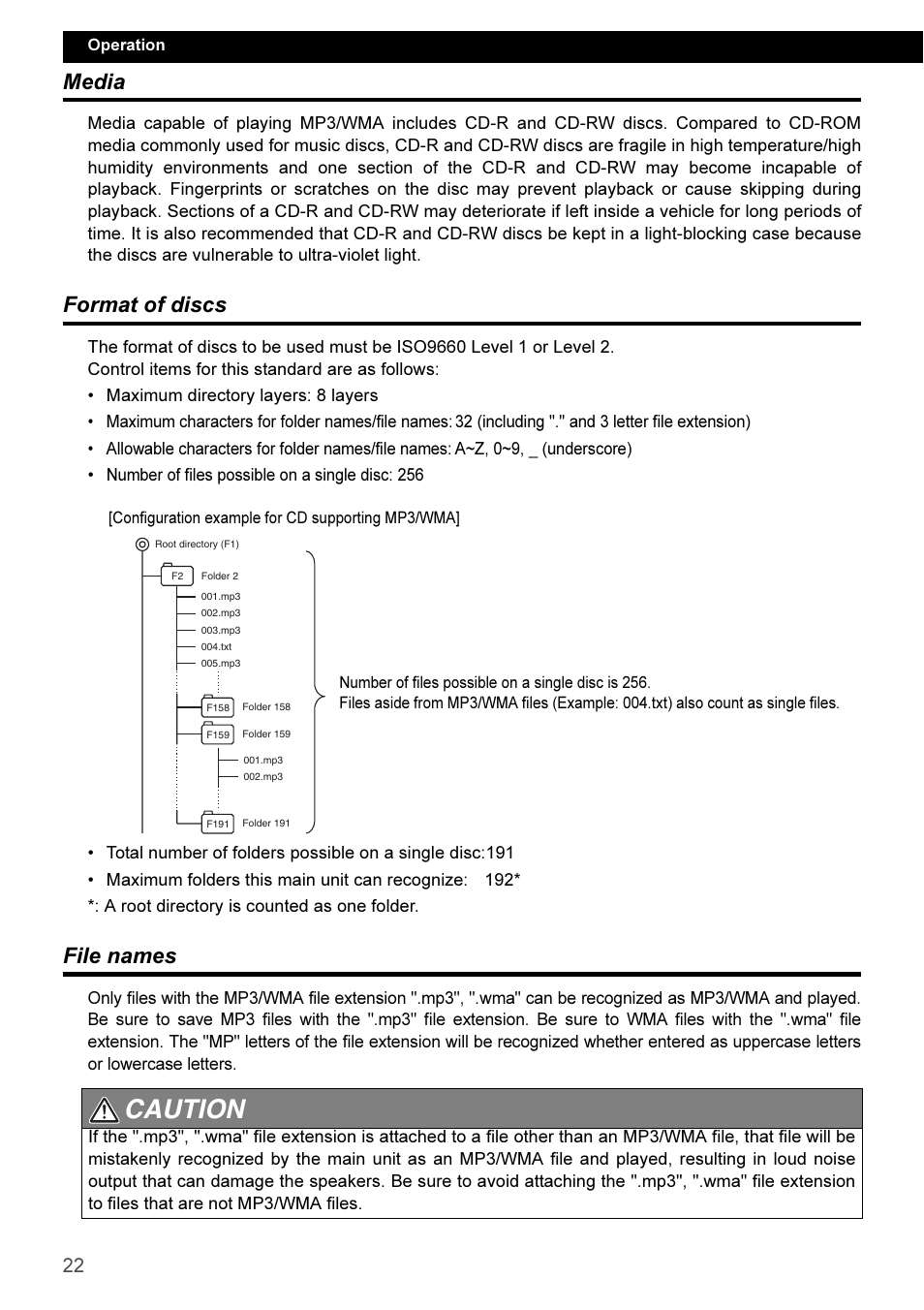 Media, Format of discs, File names | Caution | Eclipse - Fujitsu Ten CD3100 User Manual | Page 22 / 215