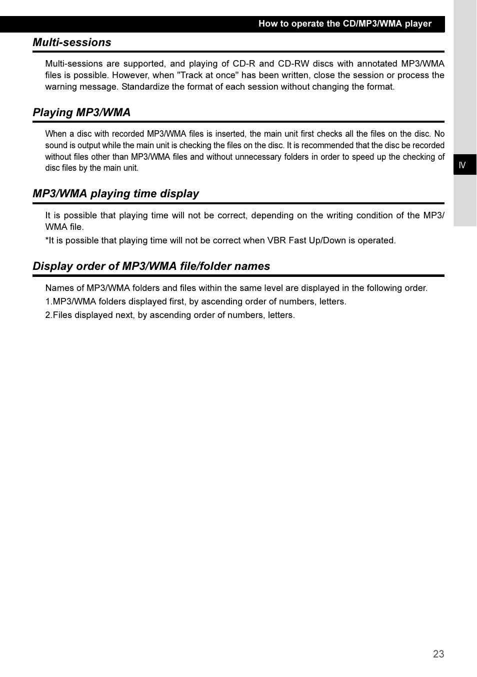 Multi-sessions, Playing mp3/wma, Mp3/wma playing time display | Display order of mp3/wma file/folder names | Eclipse - Fujitsu Ten CD3100 User Manual | Page 23 / 215