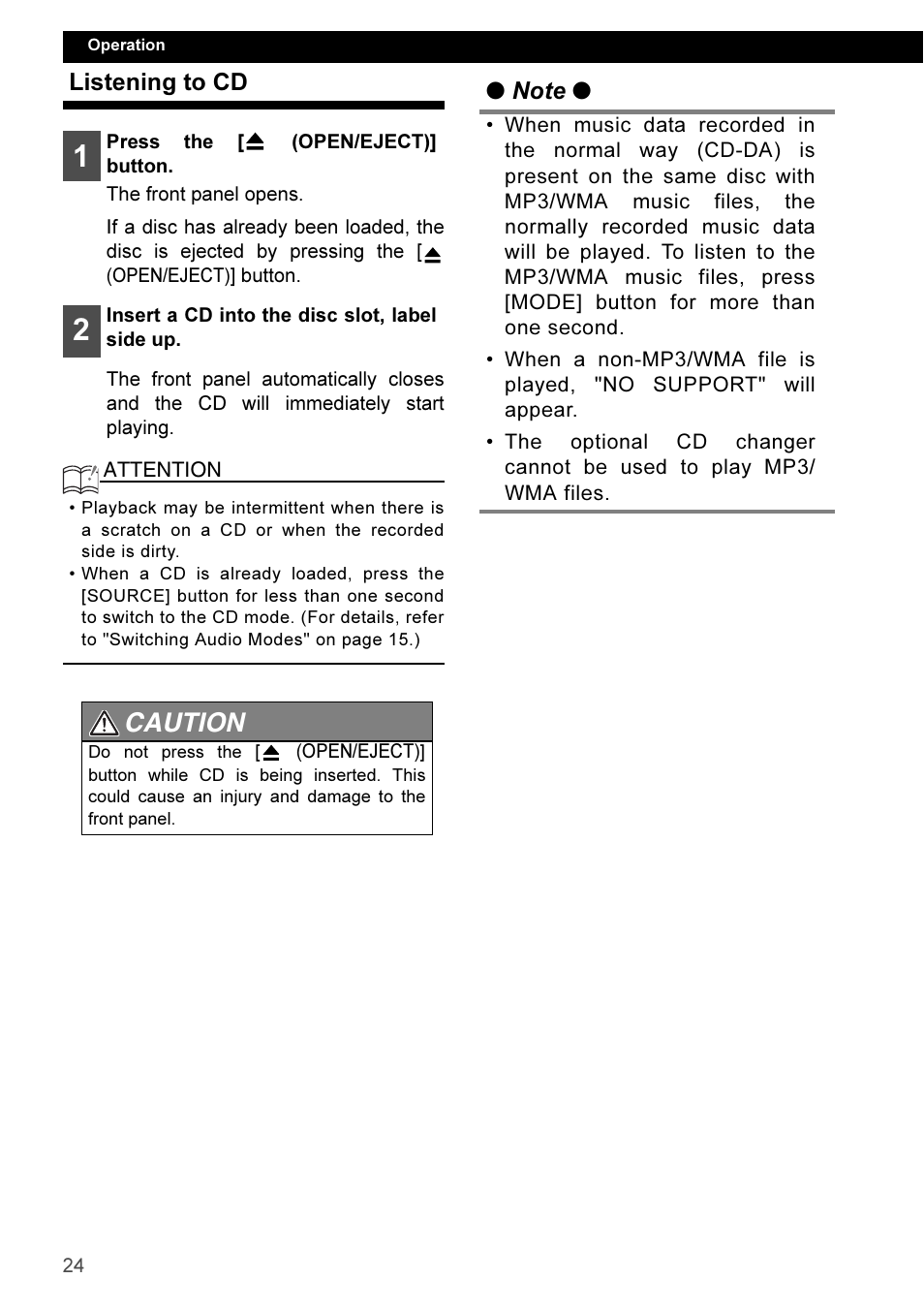 Listening to cd, Caution | Eclipse - Fujitsu Ten CD3100 User Manual | Page 24 / 215