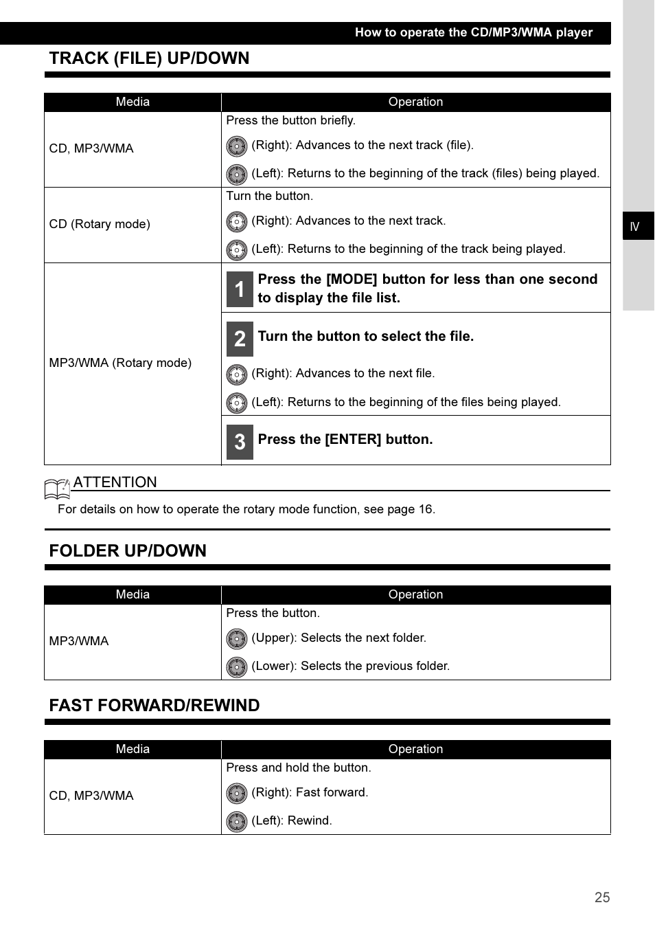 Track (file) up/down, Folder up/down, Fast forward/rewind | Folder up/down fast forward/rewind | Eclipse - Fujitsu Ten CD3100 User Manual | Page 25 / 215