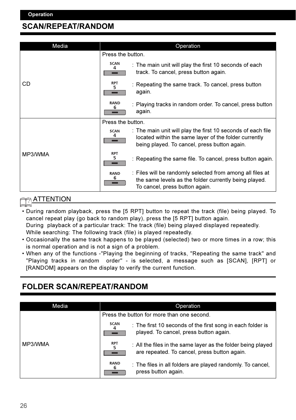 Scan/repeat/random, Folder scan/repeat/random | Eclipse - Fujitsu Ten CD3100 User Manual | Page 26 / 215