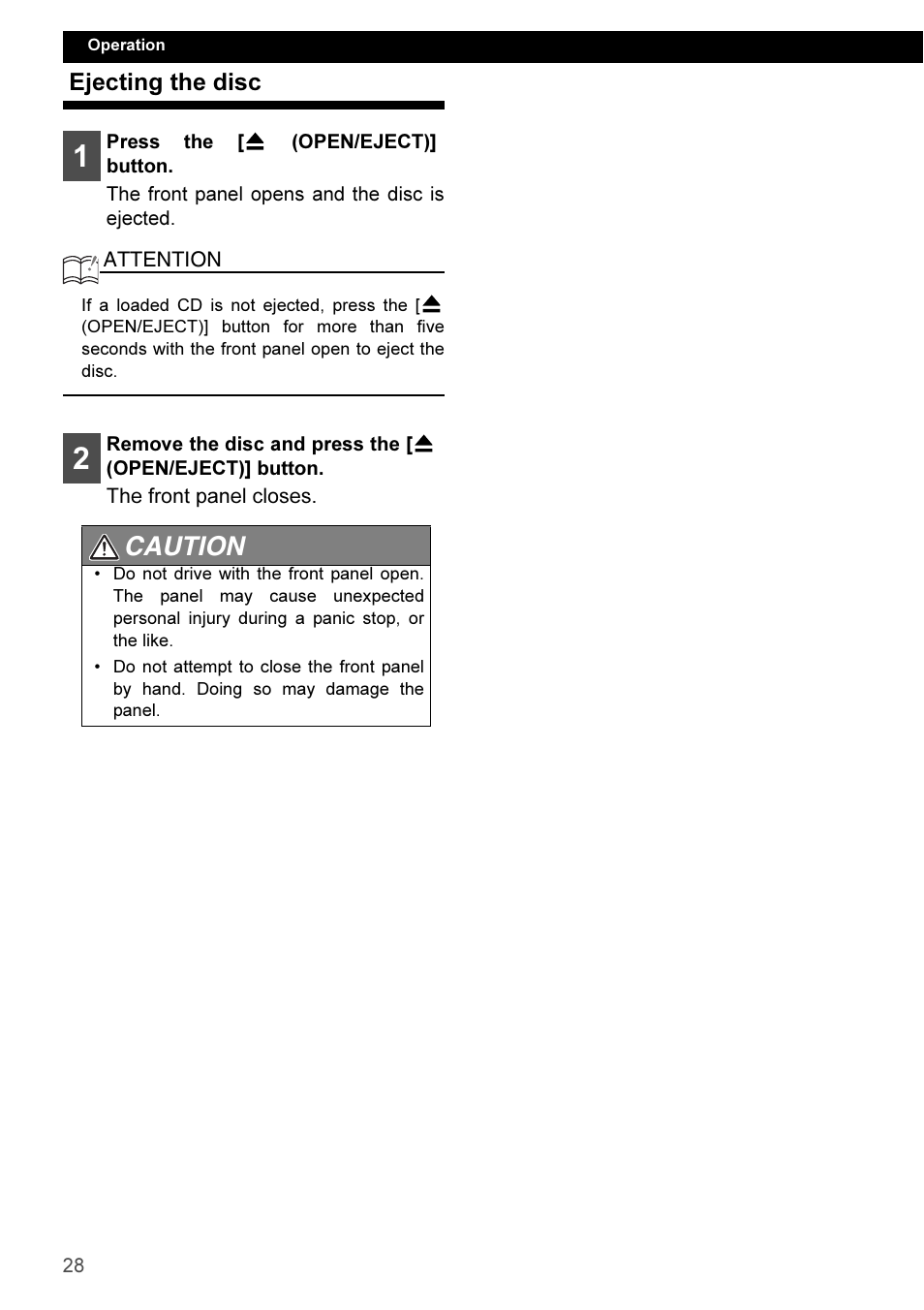 Ejecting the disc, Caution | Eclipse - Fujitsu Ten CD3100 User Manual | Page 28 / 215