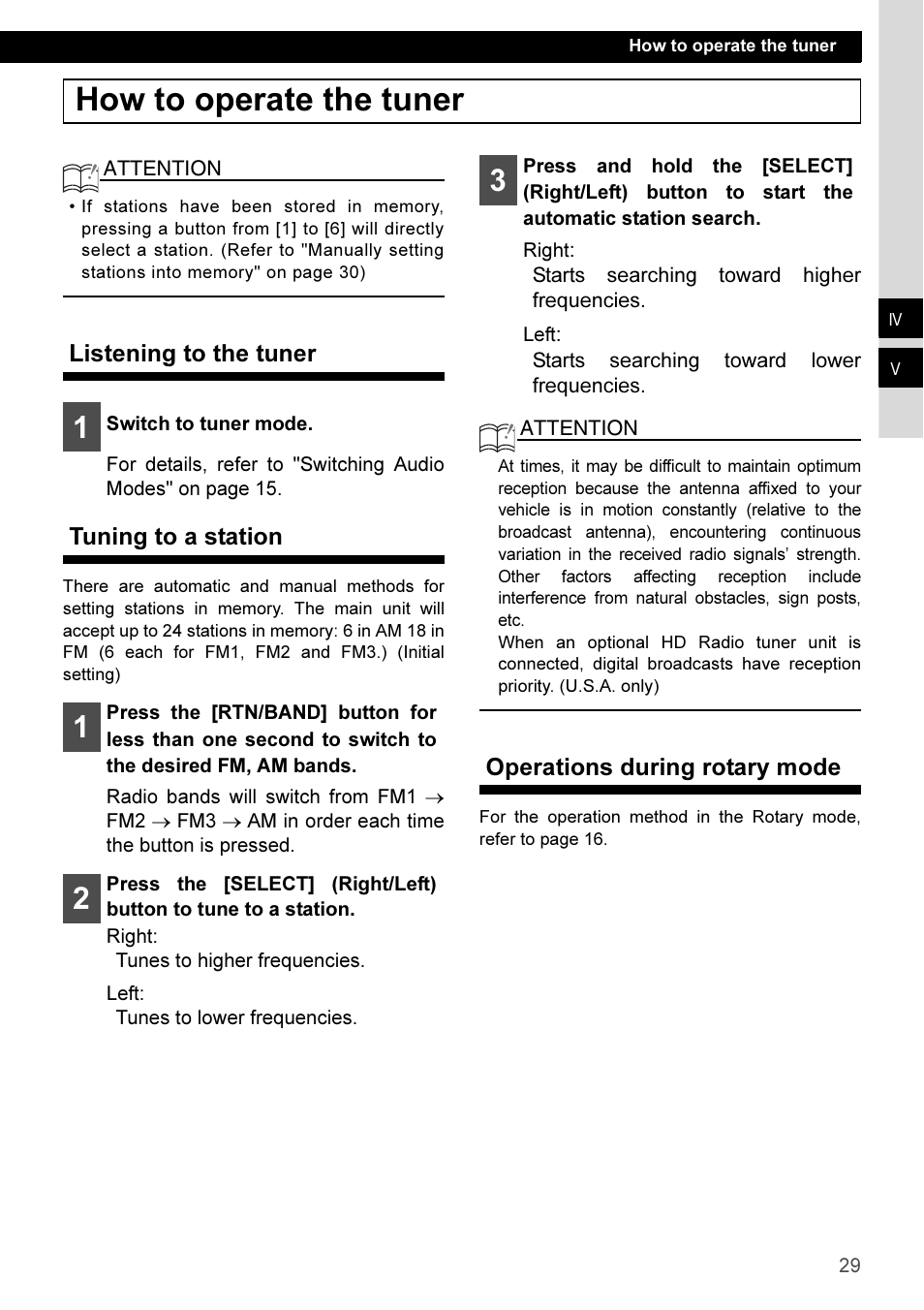 How to operate the tuner, Listening to the tuner, Tuning to a station | Operations during rotary mode | Eclipse - Fujitsu Ten CD3100 User Manual | Page 29 / 215