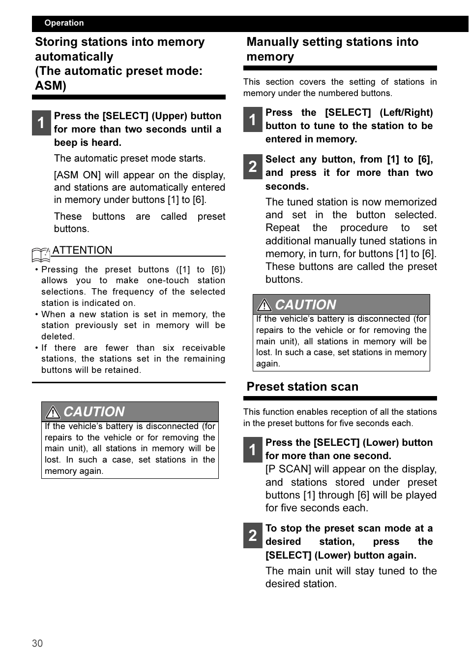 Manually setting stations into memory, Preset station scan, Caution | Eclipse - Fujitsu Ten CD3100 User Manual | Page 30 / 215