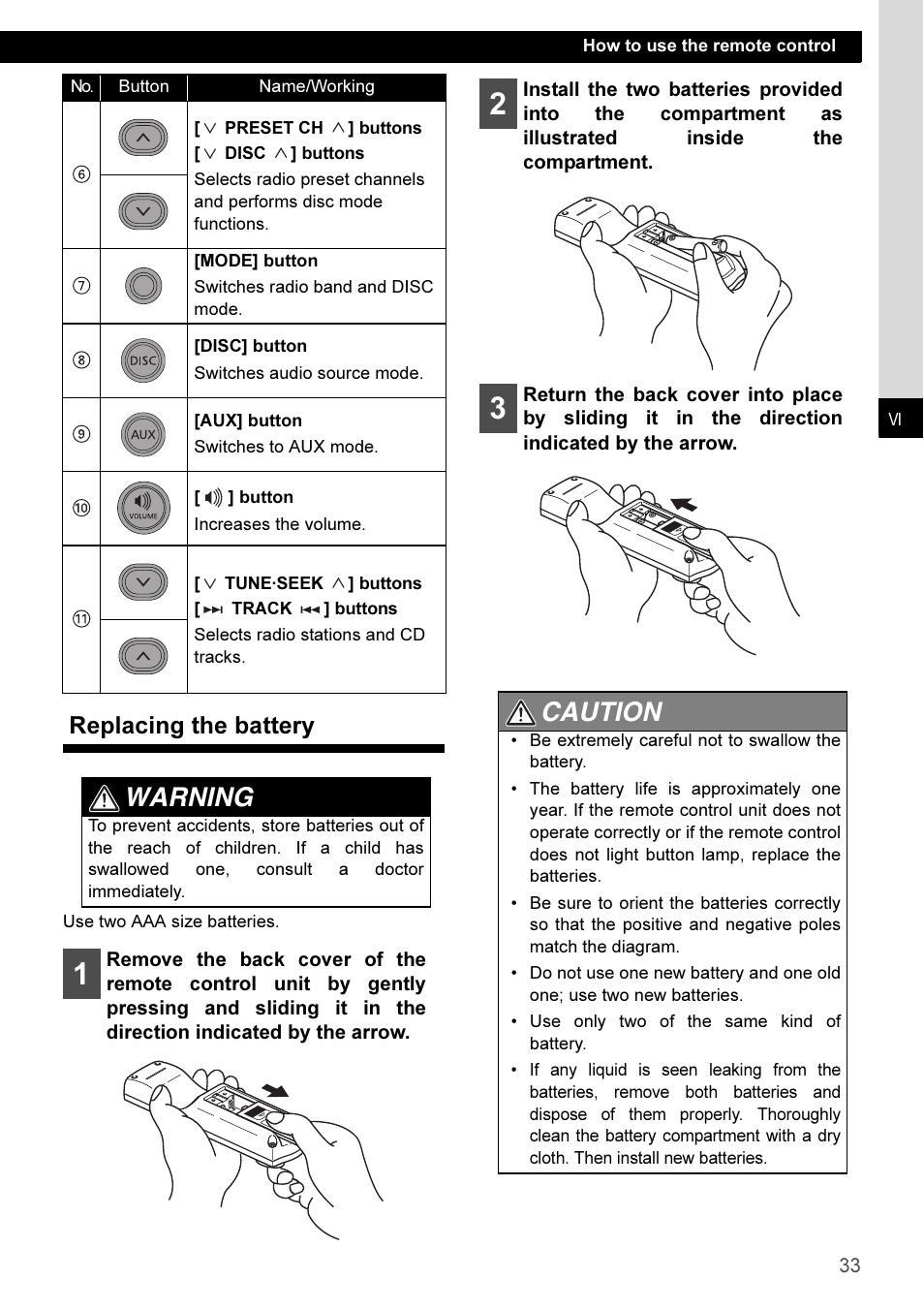 Replacing the battery, Warning, Caution | Eclipse - Fujitsu Ten CD3100 User Manual | Page 33 / 215